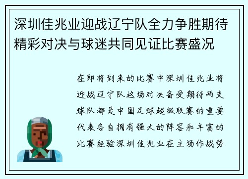 深圳佳兆业迎战辽宁队全力争胜期待精彩对决与球迷共同见证比赛盛况